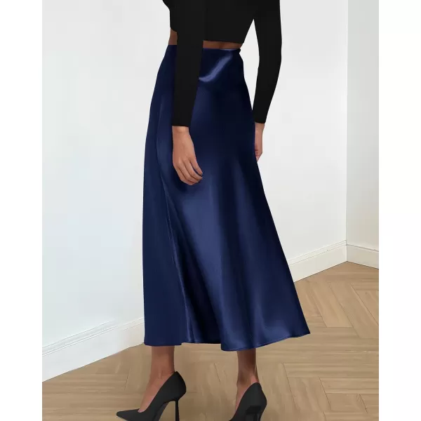 BTFBM 2024 Women Long Satin Summer Spring Skirt Silk Elegant High Waist Cocktail Party Wedding Flared ALine Midi SkirtsSolid Navy