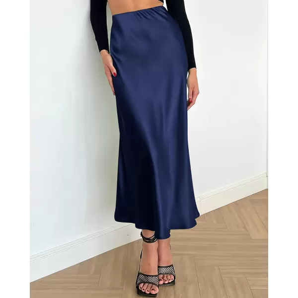 BTFBM 2024 Women Long Satin Summer Spring Skirt Silk Elegant High Waist Cocktail Party Wedding Flared ALine Midi SkirtsSolid Navy