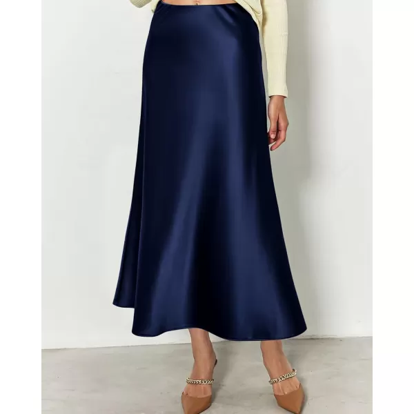 BTFBM 2024 Women Long Satin Summer Spring Skirt Silk Elegant High Waist Cocktail Party Wedding Flared ALine Midi SkirtsSolid Navy