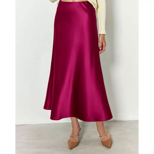 BTFBM 2024 Women Long Satin Summer Spring Skirt Silk Elegant High Waist Cocktail Party Wedding Flared ALine Midi SkirtsSolid Rose Red