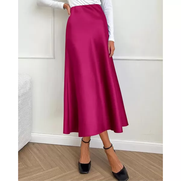 BTFBM 2024 Women Long Satin Summer Spring Skirt Silk Elegant High Waist Cocktail Party Wedding Flared ALine Midi SkirtsSolid Rose Red
