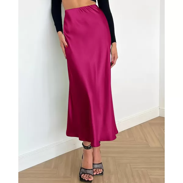 BTFBM 2024 Women Long Satin Summer Spring Skirt Silk Elegant High Waist Cocktail Party Wedding Flared ALine Midi SkirtsSolid Rose Red