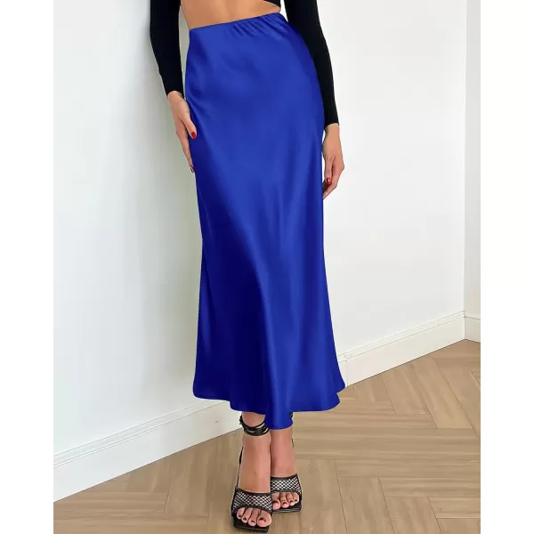 BTFBM 2024 Women Long Satin Summer Spring Skirt Silk Elegant High Waist Cocktail Party Wedding Flared ALine Midi SkirtsSolid Royal Blue
