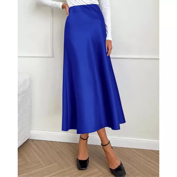 BTFBM 2024 Women Long Satin Summer Spring Skirt Silk Elegant High Waist Cocktail Party Wedding Flared ALine Midi SkirtsSolid Royal Blue