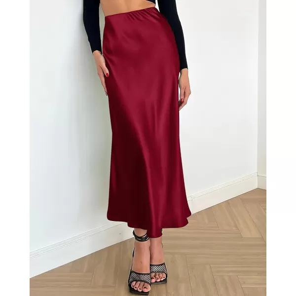 BTFBM 2024 Women Long Satin Summer Spring Skirt Silk Elegant High Waist Cocktail Party Wedding Flared ALine Midi SkirtsSolid Wine Red