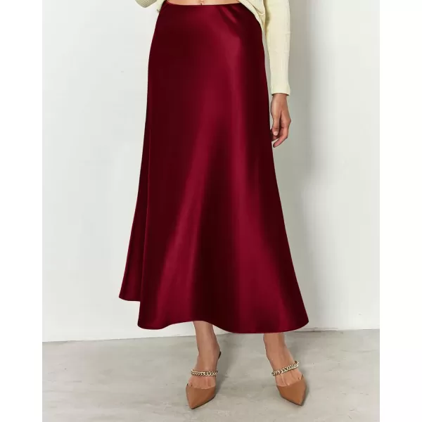 BTFBM 2024 Women Long Satin Summer Spring Skirt Silk Elegant High Waist Cocktail Party Wedding Flared ALine Midi SkirtsSolid Wine Red