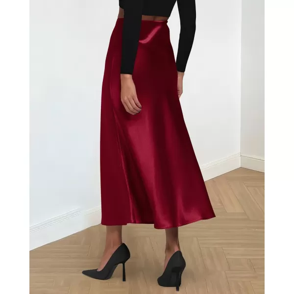 BTFBM 2024 Women Long Satin Summer Spring Skirt Silk Elegant High Waist Cocktail Party Wedding Flared ALine Midi SkirtsSolid Wine Red