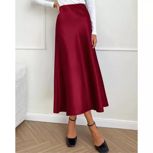 BTFBM 2024 Women Long Satin Summer Spring Skirt Silk Elegant High Waist Cocktail Party Wedding Flared ALine Midi SkirtsSolid Wine Red