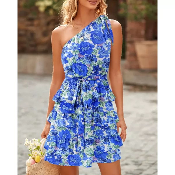 BTFBM 2024 Women One Shoulder Casual Summer Dresses Floral Boho High Waist Beach Ruffle Tiered A Line Flowy Mini DressFloral Blue White