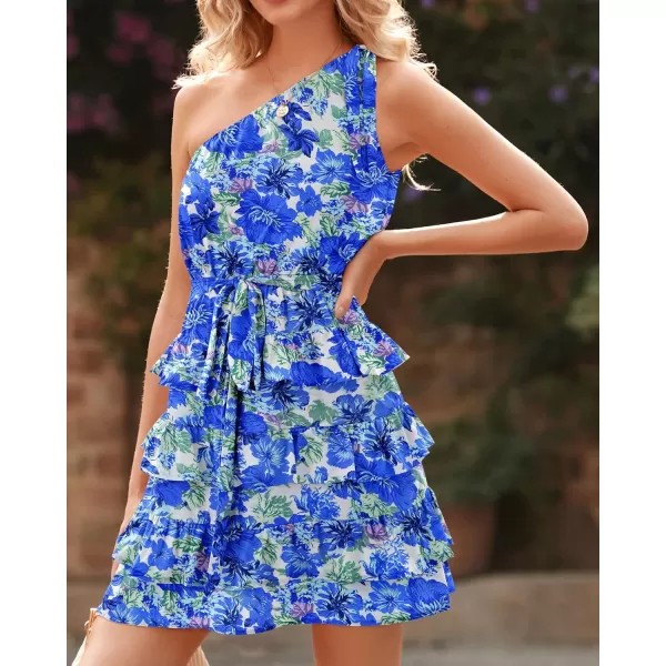 BTFBM 2024 Women One Shoulder Casual Summer Dresses Floral Boho High Waist Beach Ruffle Tiered A Line Flowy Mini DressFloral Blue White