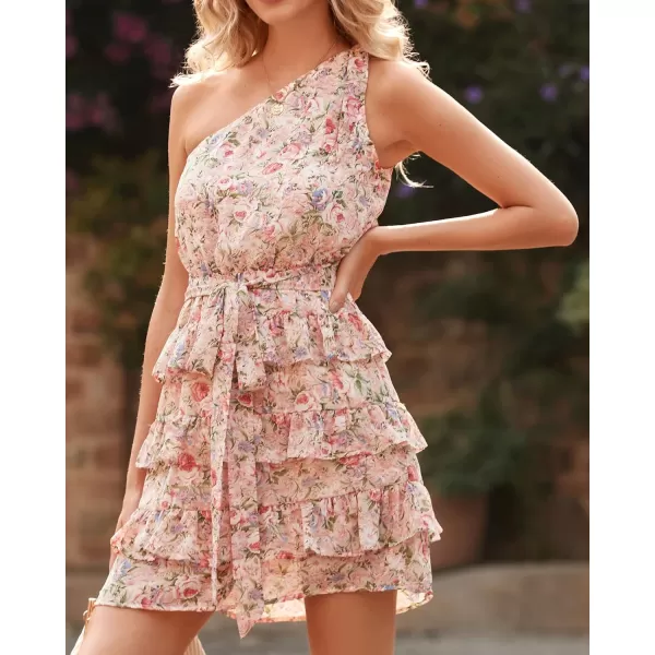 BTFBM 2024 Women One Shoulder Casual Summer Dresses Floral Boho High Waist Beach Ruffle Tiered A Line Flowy Mini DressFloral Pink
