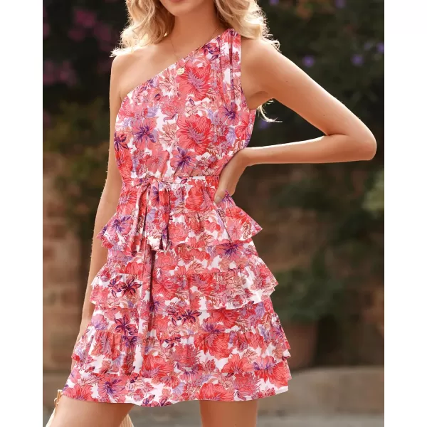 BTFBM 2024 Women One Shoulder Casual Summer Dresses Floral Boho High Waist Beach Ruffle Tiered A Line Flowy Mini DressFloral Pink White