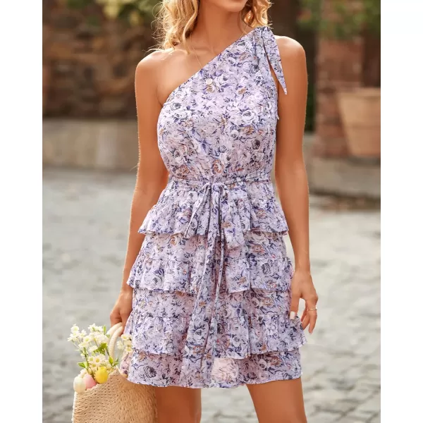 BTFBM 2024 Women One Shoulder Casual Summer Dresses Floral Boho High Waist Beach Ruffle Tiered A Line Flowy Mini DressFloral Purple