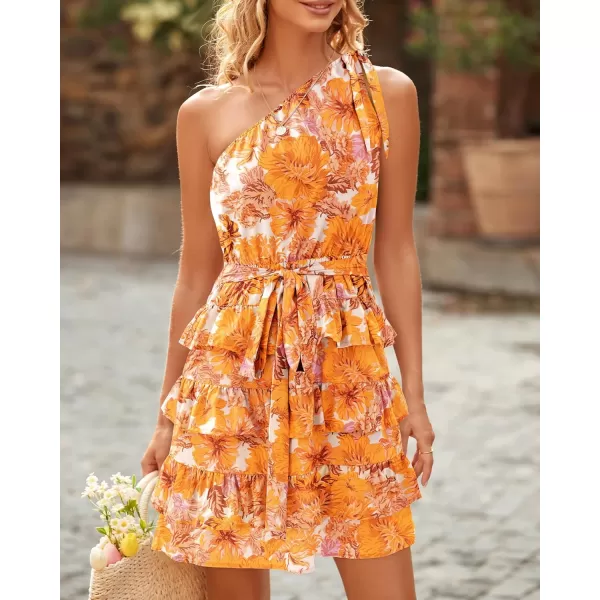 BTFBM 2024 Women One Shoulder Casual Summer Dresses Floral Boho High Waist Beach Ruffle Tiered A Line Flowy Mini DressFloral Yellow White