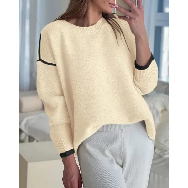 BTFBM Fall Sweaters for Women 2024 Trendy Casual Crew Neck Long Sleeve Loose Ribbed Knit Sweater Pullover Jumper TopsSolid Beige