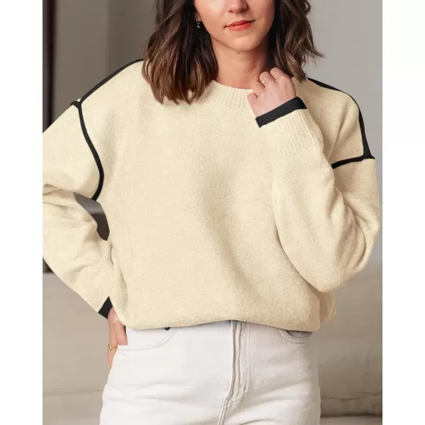 BTFBM Fall Sweaters for Women 2024 Trendy Casual Crew Neck Long Sleeve Loose Ribbed Knit Sweater Pullover Jumper TopsSolid Beige