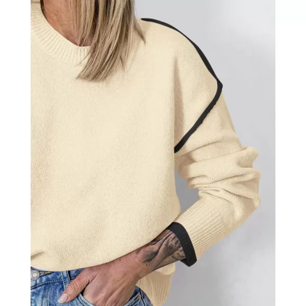 BTFBM Fall Sweaters for Women 2024 Trendy Casual Crew Neck Long Sleeve Loose Ribbed Knit Sweater Pullover Jumper TopsSolid Beige