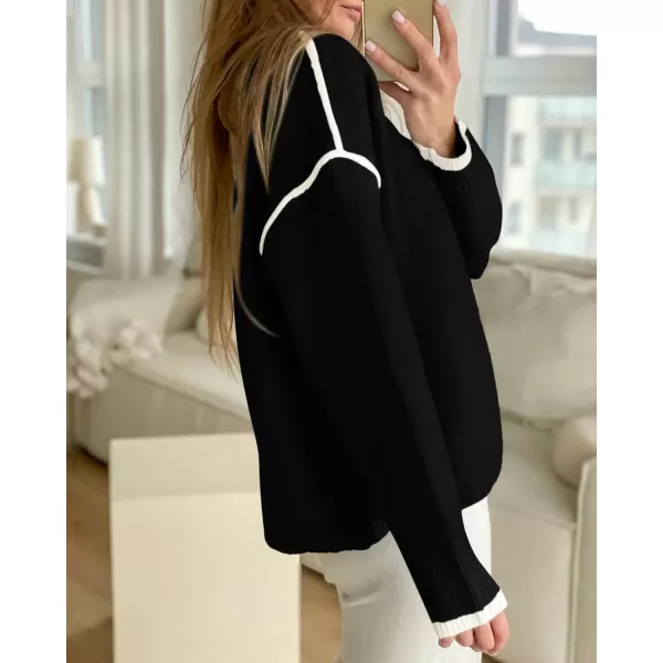 BTFBM Fall Sweaters for Women 2024 Trendy Casual Crew Neck Long Sleeve Loose Ribbed Knit Sweater Pullover Jumper TopsSolid Black