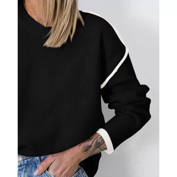 BTFBM Fall Sweaters for Women 2024 Trendy Casual Crew Neck Long Sleeve Loose Ribbed Knit Sweater Pullover Jumper TopsSolid Black