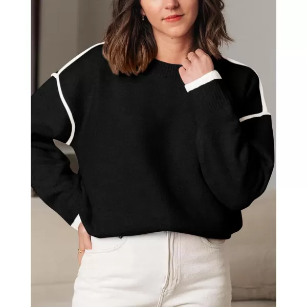 BTFBM Fall Sweaters for Women 2024 Trendy Casual Crew Neck Long Sleeve Loose Ribbed Knit Sweater Pullover Jumper TopsSolid Black