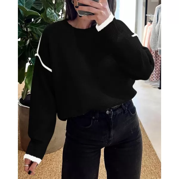 BTFBM Fall Sweaters for Women 2024 Trendy Casual Crew Neck Long Sleeve Loose Ribbed Knit Sweater Pullover Jumper TopsSolid Black