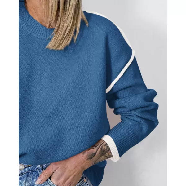 BTFBM Fall Sweaters for Women 2024 Trendy Casual Crew Neck Long Sleeve Loose Ribbed Knit Sweater Pullover Jumper TopsSolid Denim Blue