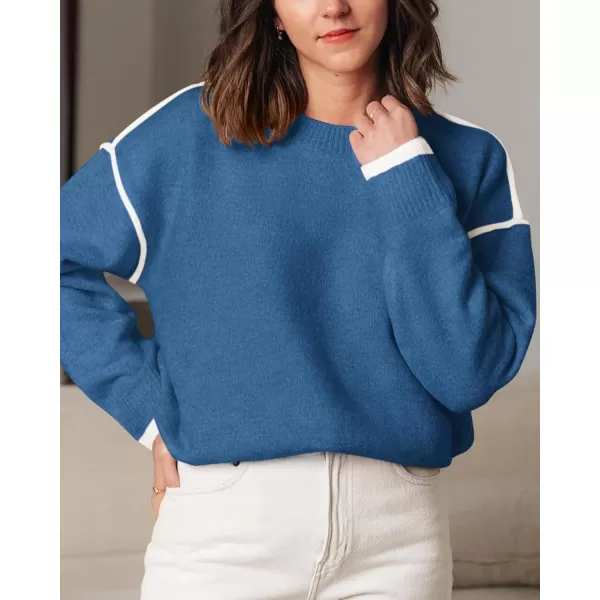 BTFBM Fall Sweaters for Women 2024 Trendy Casual Crew Neck Long Sleeve Loose Ribbed Knit Sweater Pullover Jumper TopsSolid Denim Blue