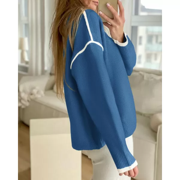 BTFBM Fall Sweaters for Women 2024 Trendy Casual Crew Neck Long Sleeve Loose Ribbed Knit Sweater Pullover Jumper TopsSolid Denim Blue