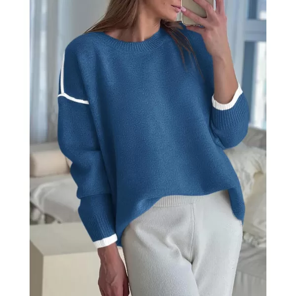 BTFBM Fall Sweaters for Women 2024 Trendy Casual Crew Neck Long Sleeve Loose Ribbed Knit Sweater Pullover Jumper TopsSolid Denim Blue