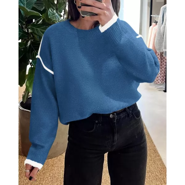 BTFBM Fall Sweaters for Women 2024 Trendy Casual Crew Neck Long Sleeve Loose Ribbed Knit Sweater Pullover Jumper TopsSolid Denim Blue