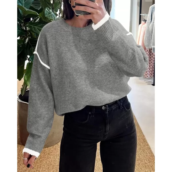 BTFBM Fall Sweaters for Women 2024 Trendy Casual Crew Neck Long Sleeve Loose Ribbed Knit Sweater Pullover Jumper TopsSolid Grey