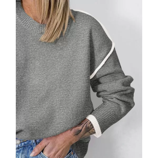 BTFBM Fall Sweaters for Women 2024 Trendy Casual Crew Neck Long Sleeve Loose Ribbed Knit Sweater Pullover Jumper TopsSolid Grey
