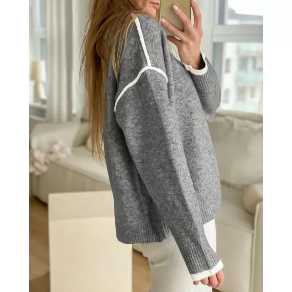 BTFBM Fall Sweaters for Women 2024 Trendy Casual Crew Neck Long Sleeve Loose Ribbed Knit Sweater Pullover Jumper TopsSolid Grey