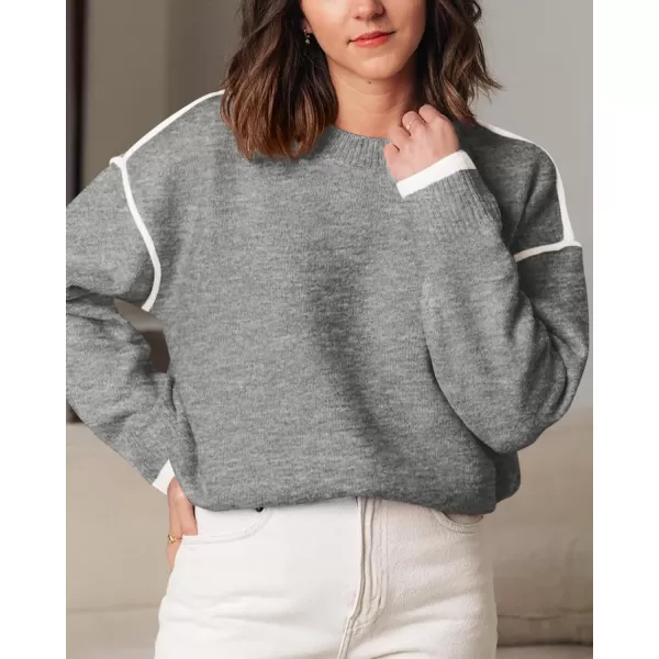 BTFBM Fall Sweaters for Women 2024 Trendy Casual Crew Neck Long Sleeve Loose Ribbed Knit Sweater Pullover Jumper TopsSolid Grey