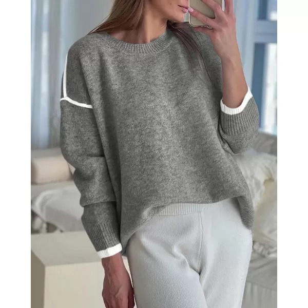 BTFBM Fall Sweaters for Women 2024 Trendy Casual Crew Neck Long Sleeve Loose Ribbed Knit Sweater Pullover Jumper TopsSolid Grey