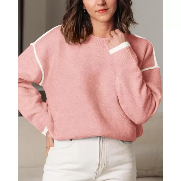 BTFBM Fall Sweaters for Women 2024 Trendy Casual Crew Neck Long Sleeve Loose Ribbed Knit Sweater Pullover Jumper TopsSolid Pink