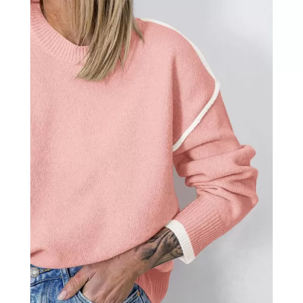 BTFBM Fall Sweaters for Women 2024 Trendy Casual Crew Neck Long Sleeve Loose Ribbed Knit Sweater Pullover Jumper TopsSolid Pink