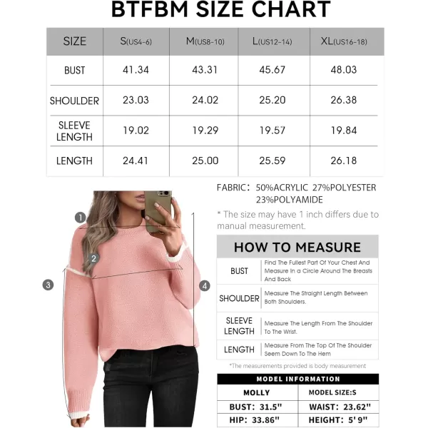 BTFBM Fall Sweaters for Women 2024 Trendy Casual Crew Neck Long Sleeve Loose Ribbed Knit Sweater Pullover Jumper TopsSolid Pink