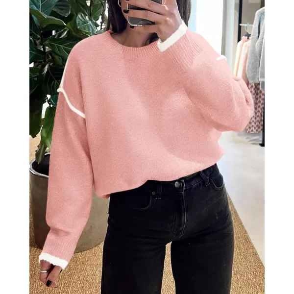 BTFBM Fall Sweaters for Women 2024 Trendy Casual Crew Neck Long Sleeve Loose Ribbed Knit Sweater Pullover Jumper TopsSolid Pink