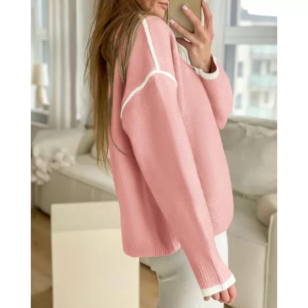 BTFBM Fall Sweaters for Women 2024 Trendy Casual Crew Neck Long Sleeve Loose Ribbed Knit Sweater Pullover Jumper TopsSolid Pink