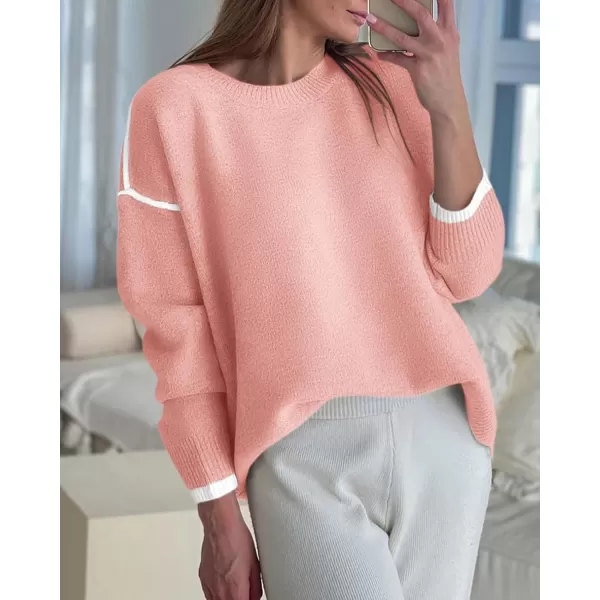 BTFBM Fall Sweaters for Women 2024 Trendy Casual Crew Neck Long Sleeve Loose Ribbed Knit Sweater Pullover Jumper TopsSolid Pink