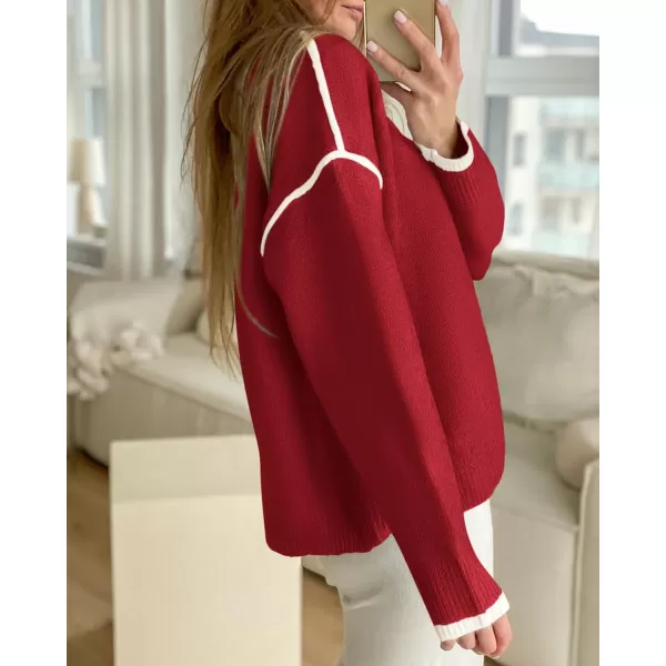 BTFBM Fall Sweaters for Women 2024 Trendy Casual Crew Neck Long Sleeve Loose Ribbed Knit Sweater Pullover Jumper TopsSolid Red