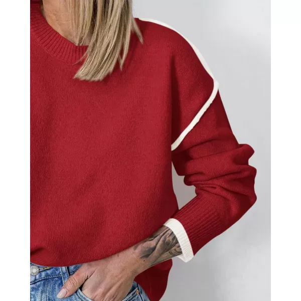 BTFBM Fall Sweaters for Women 2024 Trendy Casual Crew Neck Long Sleeve Loose Ribbed Knit Sweater Pullover Jumper TopsSolid Red