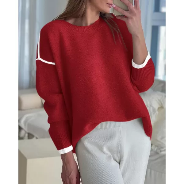 BTFBM Fall Sweaters for Women 2024 Trendy Casual Crew Neck Long Sleeve Loose Ribbed Knit Sweater Pullover Jumper TopsSolid Red