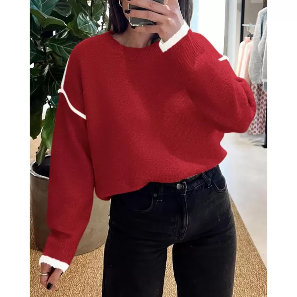 BTFBM Fall Sweaters for Women 2024 Trendy Casual Crew Neck Long Sleeve Loose Ribbed Knit Sweater Pullover Jumper TopsSolid Red