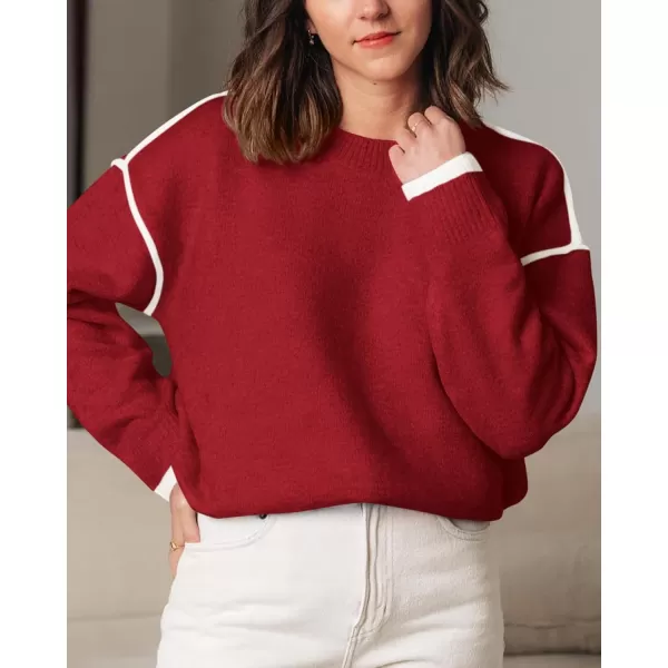 BTFBM Fall Sweaters for Women 2024 Trendy Casual Crew Neck Long Sleeve Loose Ribbed Knit Sweater Pullover Jumper TopsSolid Red