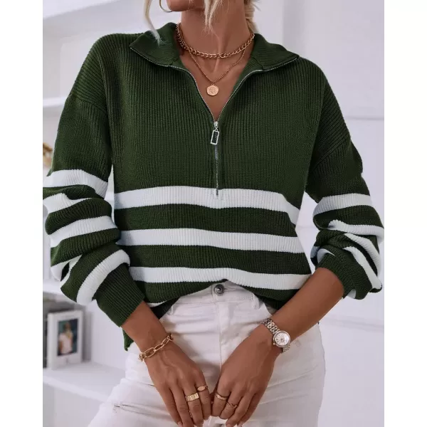 BTFBM Women 2024 Casual Long Sleeve Zip Striped Pullover Sweaters V Neck Collar Ribbed Knit Fall Winter Slouchy JumpersStriped Army Green