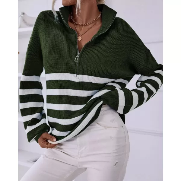 BTFBM Women 2024 Casual Long Sleeve Zip Striped Pullover Sweaters V Neck Collar Ribbed Knit Fall Winter Slouchy JumpersStriped Army Green