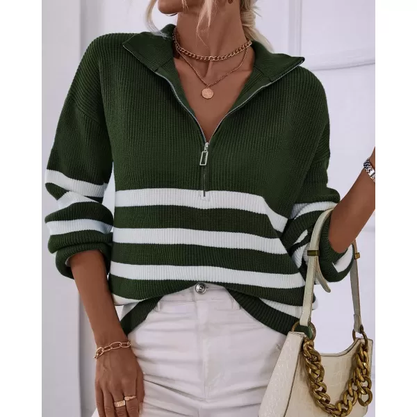 BTFBM Women 2024 Casual Long Sleeve Zip Striped Pullover Sweaters V Neck Collar Ribbed Knit Fall Winter Slouchy JumpersStriped Army Green