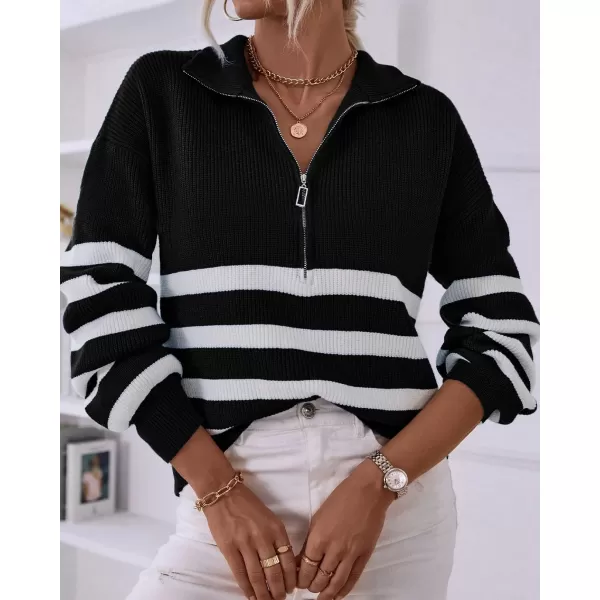 BTFBM Women 2024 Casual Long Sleeve Zip Striped Pullover Sweaters V Neck Collar Ribbed Knit Fall Winter Slouchy JumpersStriped Black